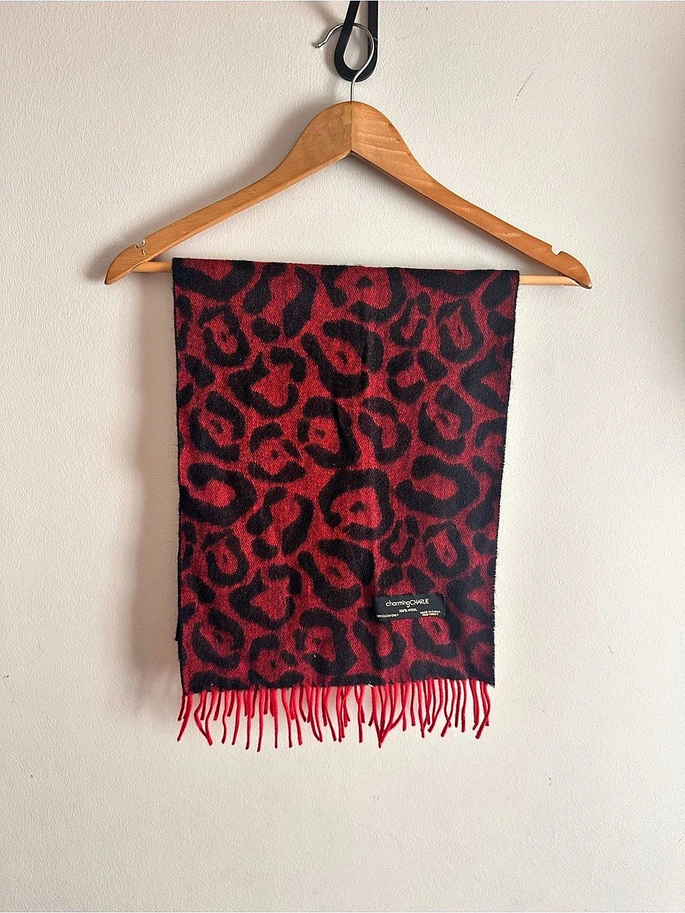 Charming Charlie 100% Wool Red Black Leopard Print Fringe Scarf